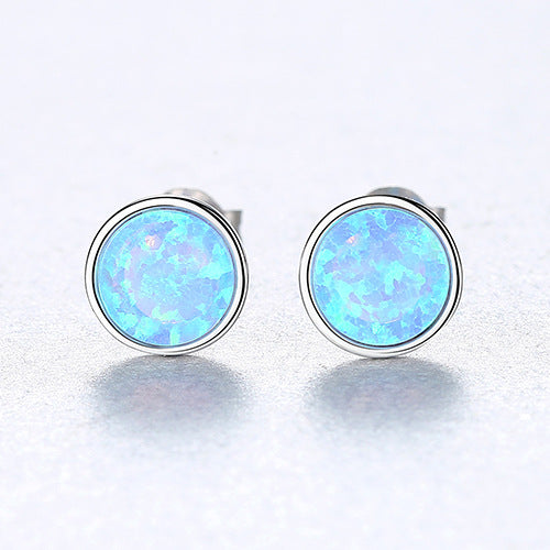 Gemestonely-Chic S925 Silver Round Simulated Opal Stud Earrings - Trendy Inspired Minimalist Ear Jewelry