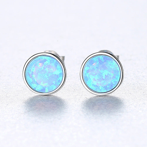 Gemestonely-Chic 925 Silver Round Simulated Opal Stud Earrings - Trendy Inspired Minimalist Ear Jewelry