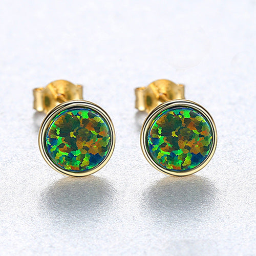 Gemestonely-Chic S925 Silver Round Simulated Opal Stud Earrings - Trendy Inspired Minimalist Ear Jewelry