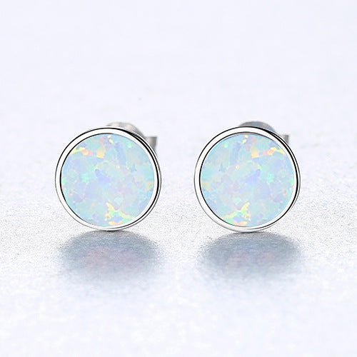 Gemestonely-Chic 925 Silver Round Simulated Opal Stud Earrings - Trendy Inspired Minimalist Ear Jewelry