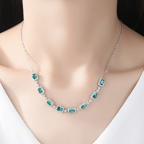 Gemstonely- S925 Silver Necklace Set with Wave Chain and Imitation Emerald