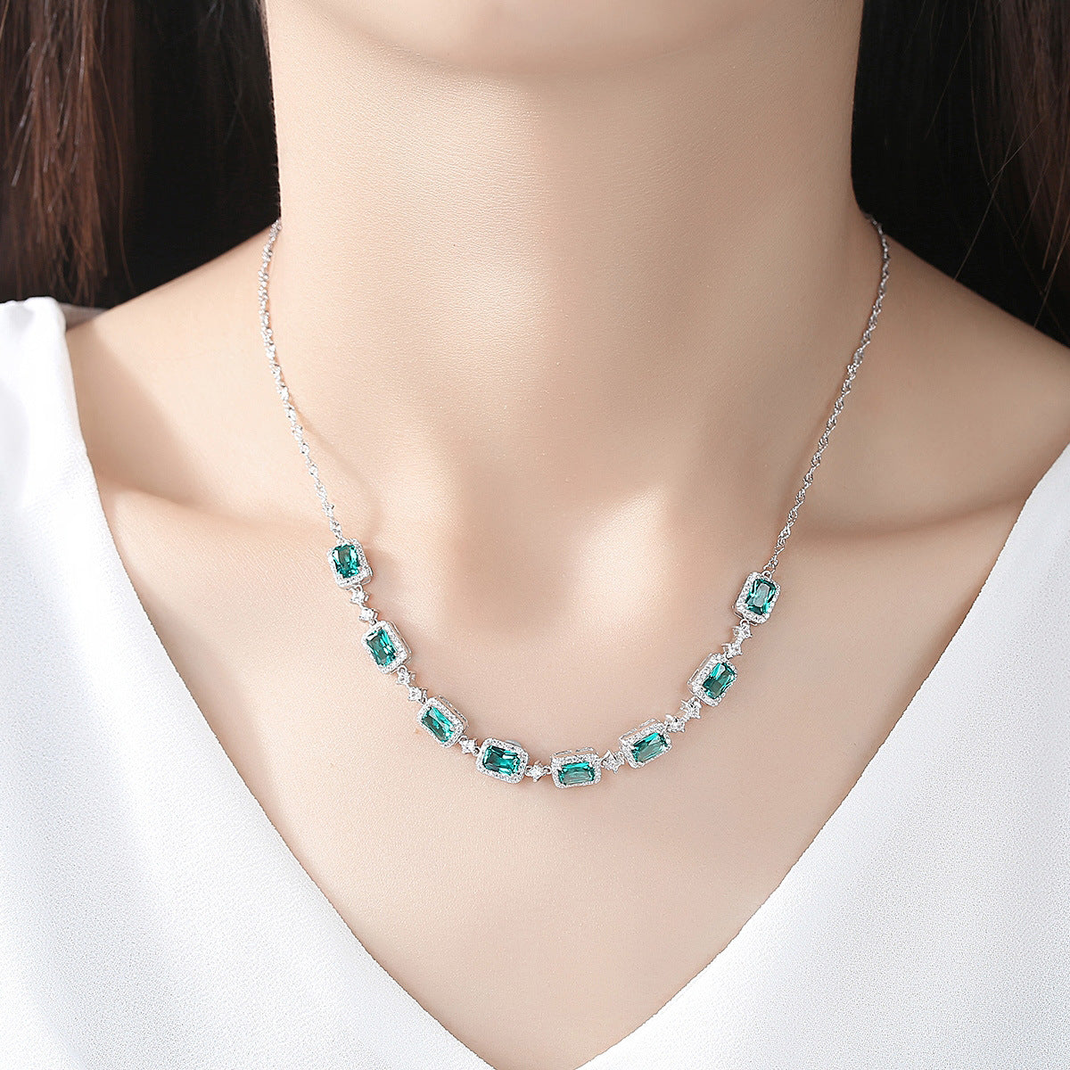 Gemstonely- S925 Silver Necklace Set with Wave Chain and  Imitation Emerald