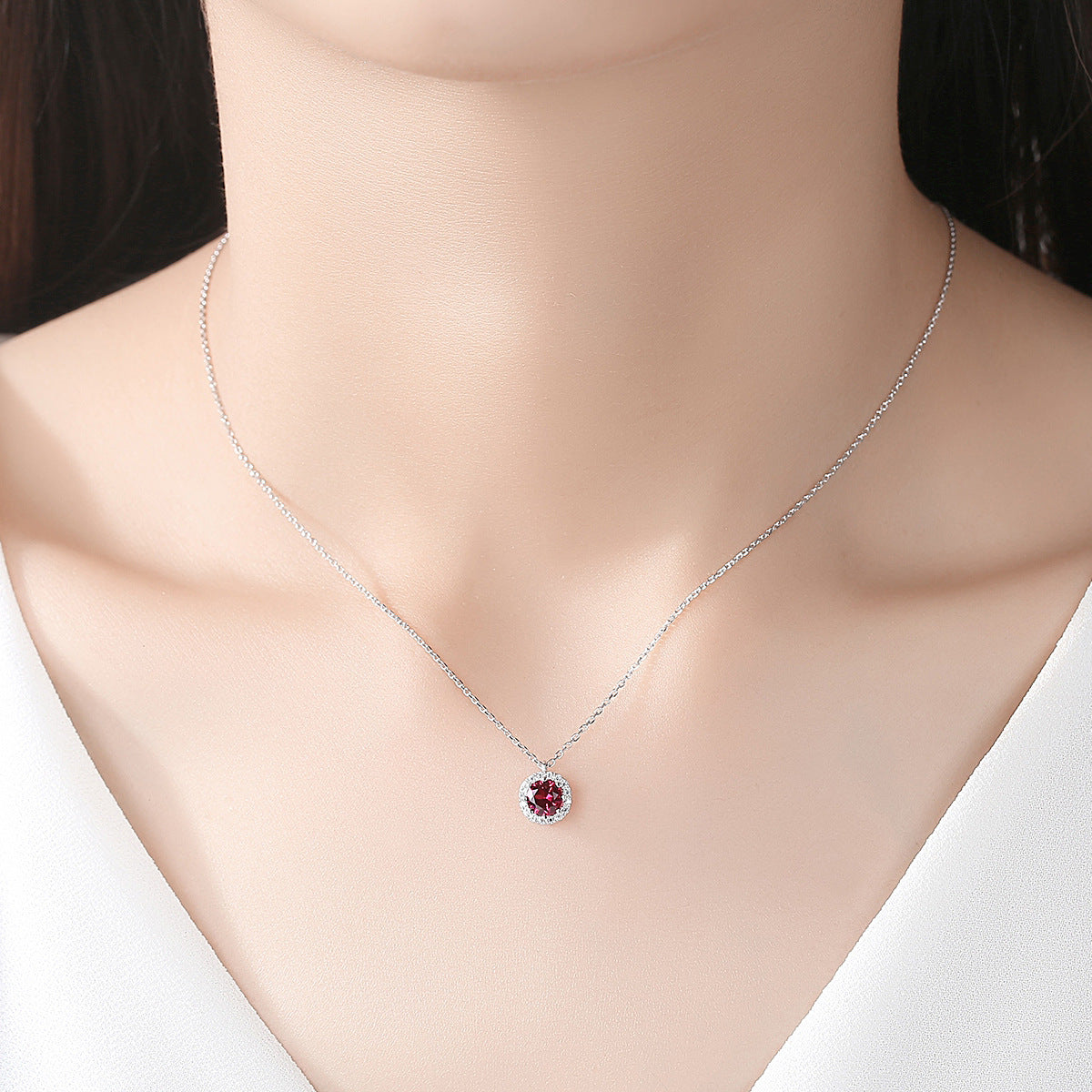 Gemstonely- S925 Silver Necklace with Simulate Ruby Pendant in Simple and Fashionable Style