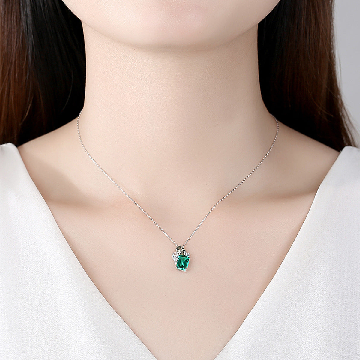 Gemstonely-S925 Sterling Silver Cross Necklace with Simulated Emerald Gemstone - Timeless Elegance and Distinctive Style for Women