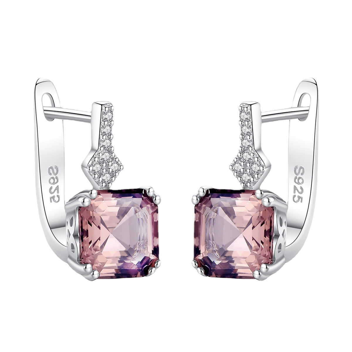 Gemstonely-Simple and Elegant Pink Morganite/Cubic Zirconia Silver Earrings for Women