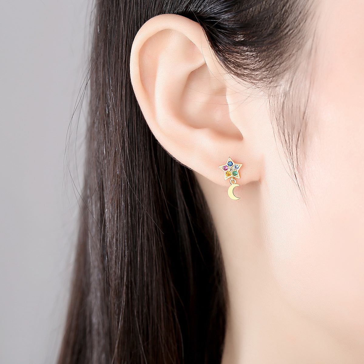 Gemstonely-Charming S925 Silver Asymmetric Star and Moon Earrings - Colorful Zirconia Ear Studs