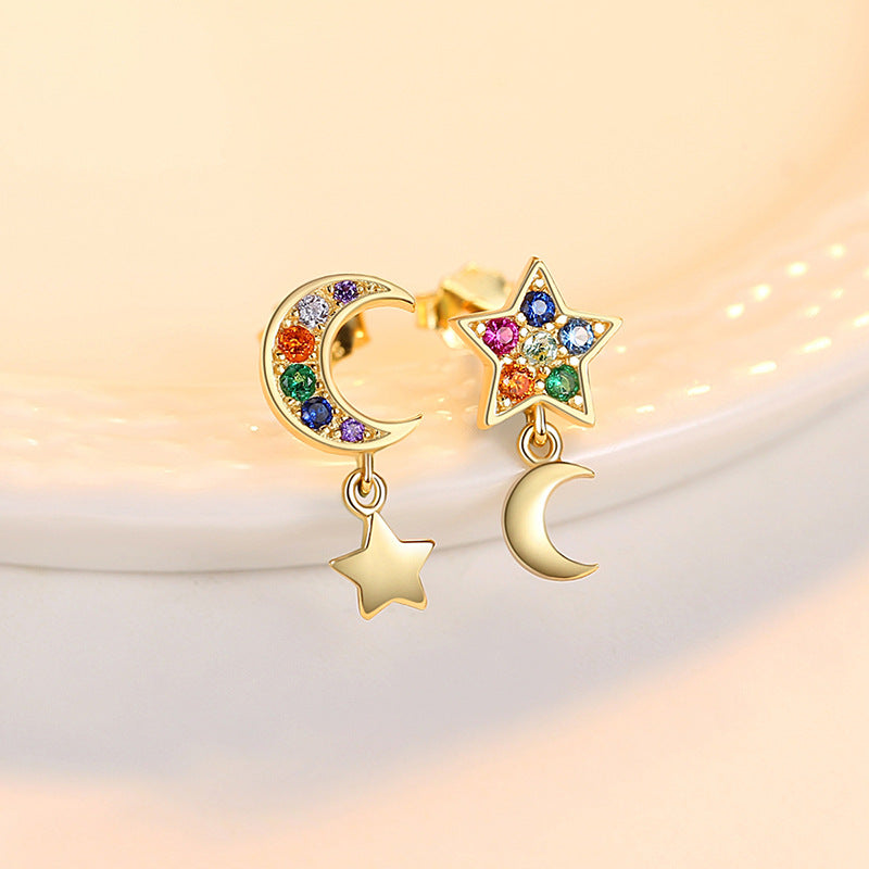 Gemstonely-Charming S925 Silver Asymmetric Star and Moon Earrings - Colorful Zirconia Ear Studs