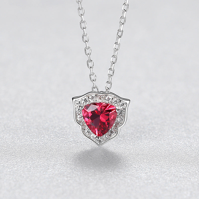Gemstonely-S925 Silver Lock Necklace with Triangular Simulate Ruby Gemstone Pendant for Women