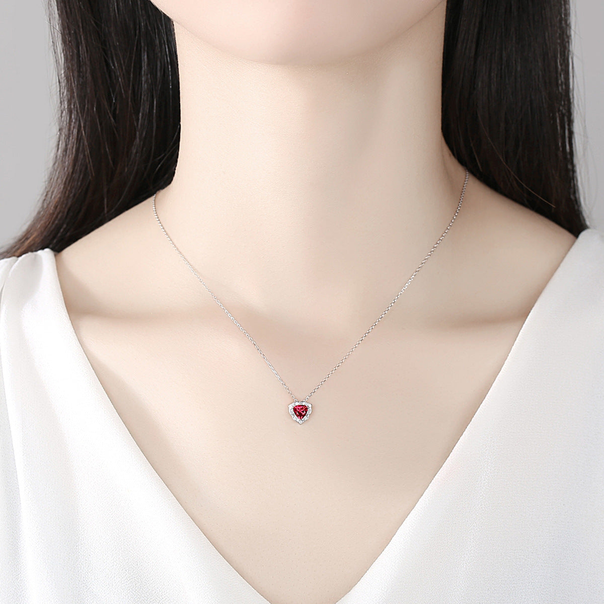 Gemstonely-S925 Silver Lock Necklace with Triangular Simulate Ruby Gemstone Pendant for Women