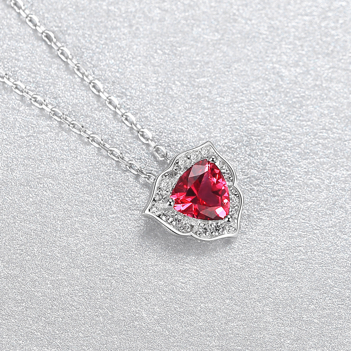 Gemstonely-S925 Silver Lock Necklace with Triangular Simulate Ruby Gemstone Pendant for Women
