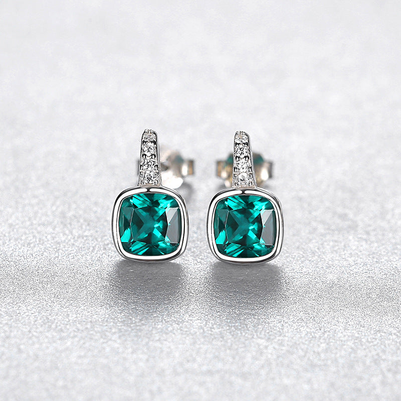 Gemstonely- S925 Silver Stud Earrings with Simple Square Imitation Emerald