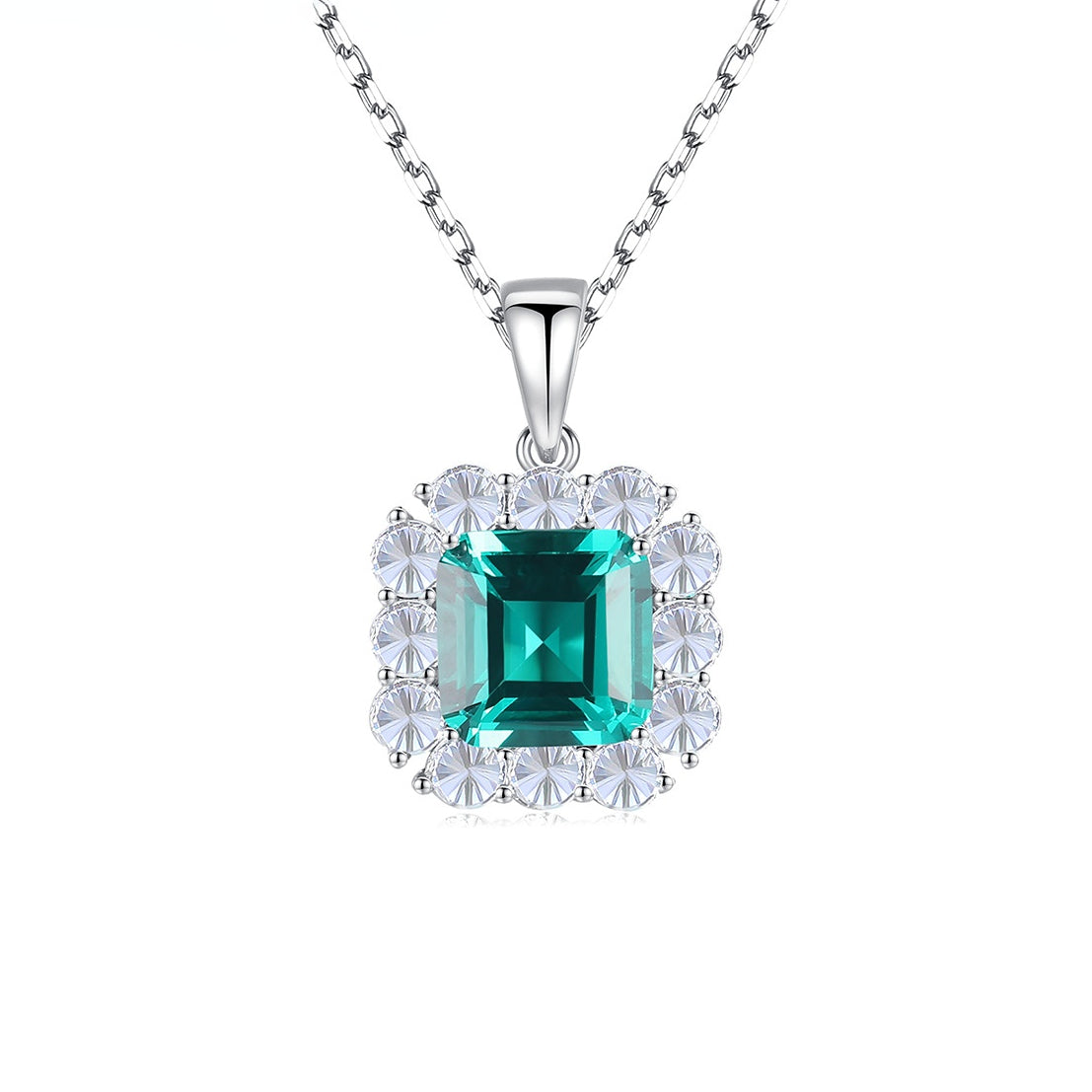 Gemstonely- Vintage Style S925 Silver Necklace with Synthetic Emerald and Square Diamond Pendant for Women in Elegant and Sophisticated Design