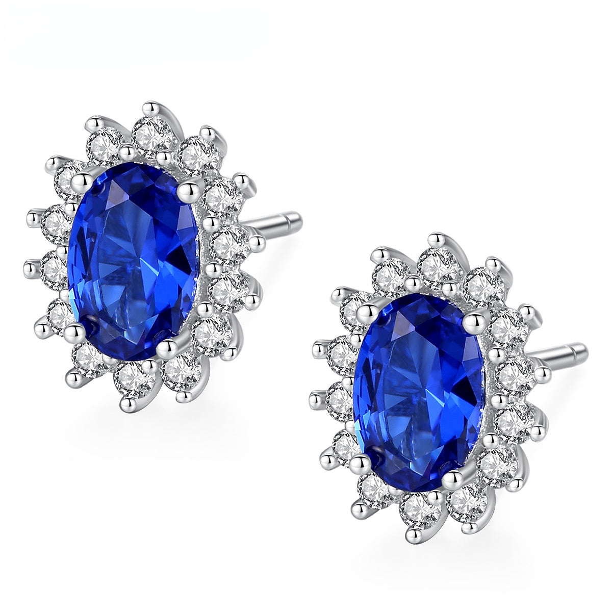 Gemstonely-925 Sterling Silver Floral Ear Studs with Synthetic Blue Sapphire - Duchess Inspired Earrings with Noble and Chic Aura