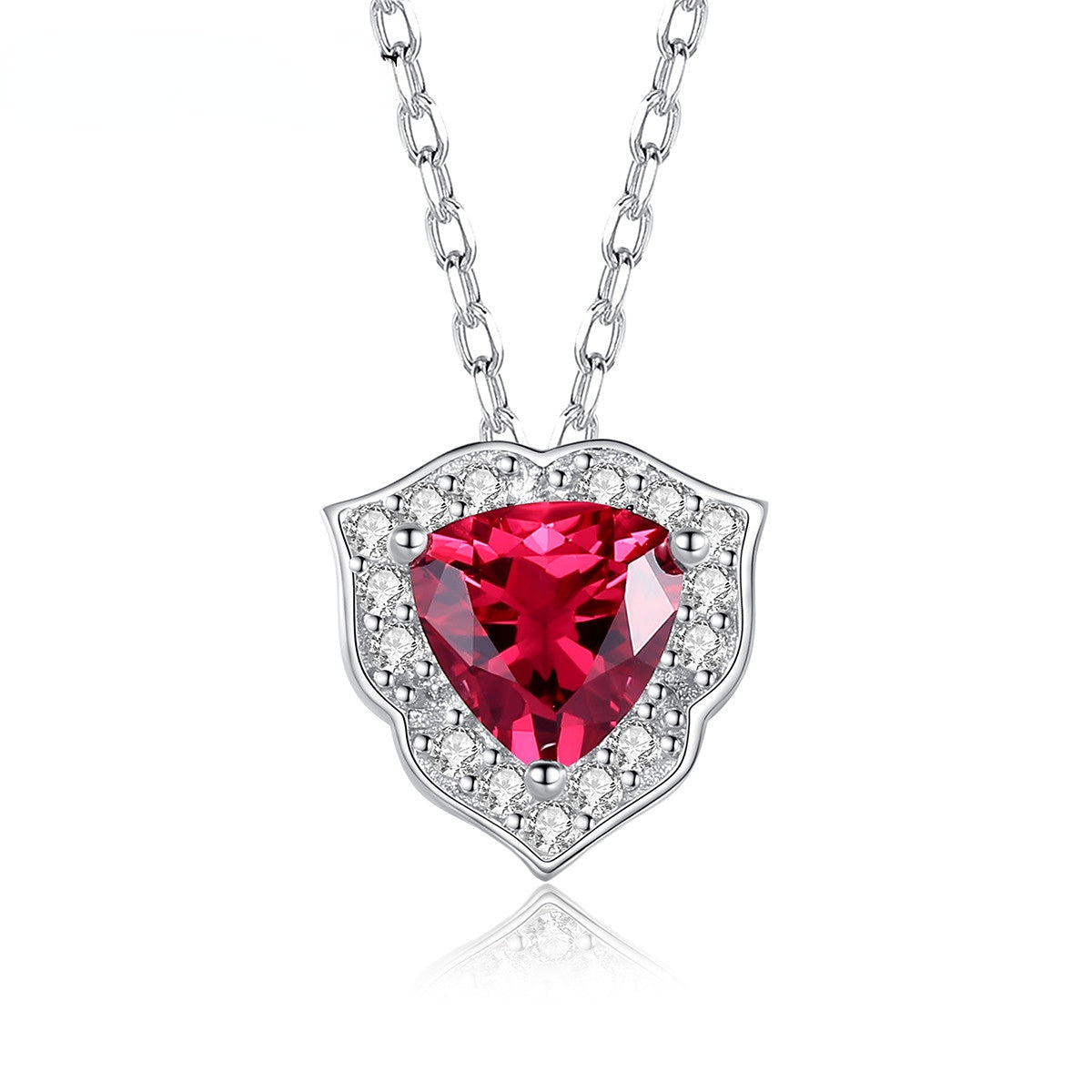 Gemstonely-S925 Silver Lock Necklace with Triangular Simulate Ruby Gemstone Pendant for Women