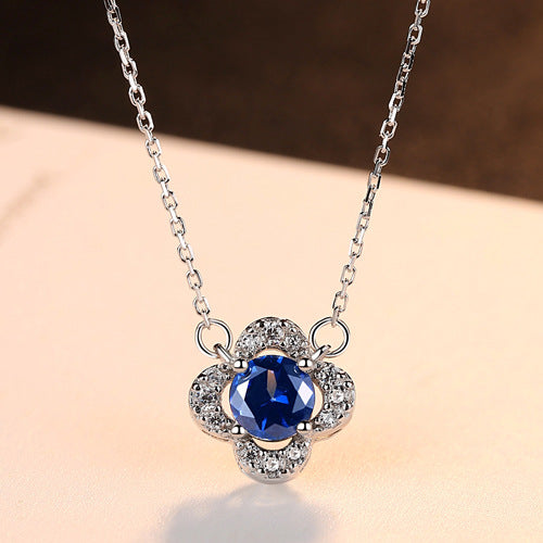 Gemstonely- S925 Silver Necklace with Created Sapphire Gemstone Pendant in Lucky Four-Leaf Clover Design for Women