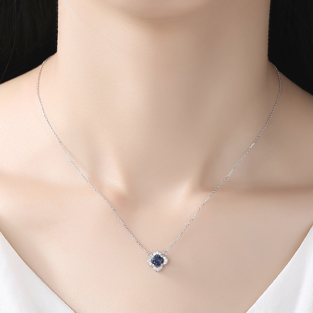Gemstonely- S925 Silver Necklace with Created Sapphire Gemstone Pendant in Lucky Four-Leaf Clover Design for Women