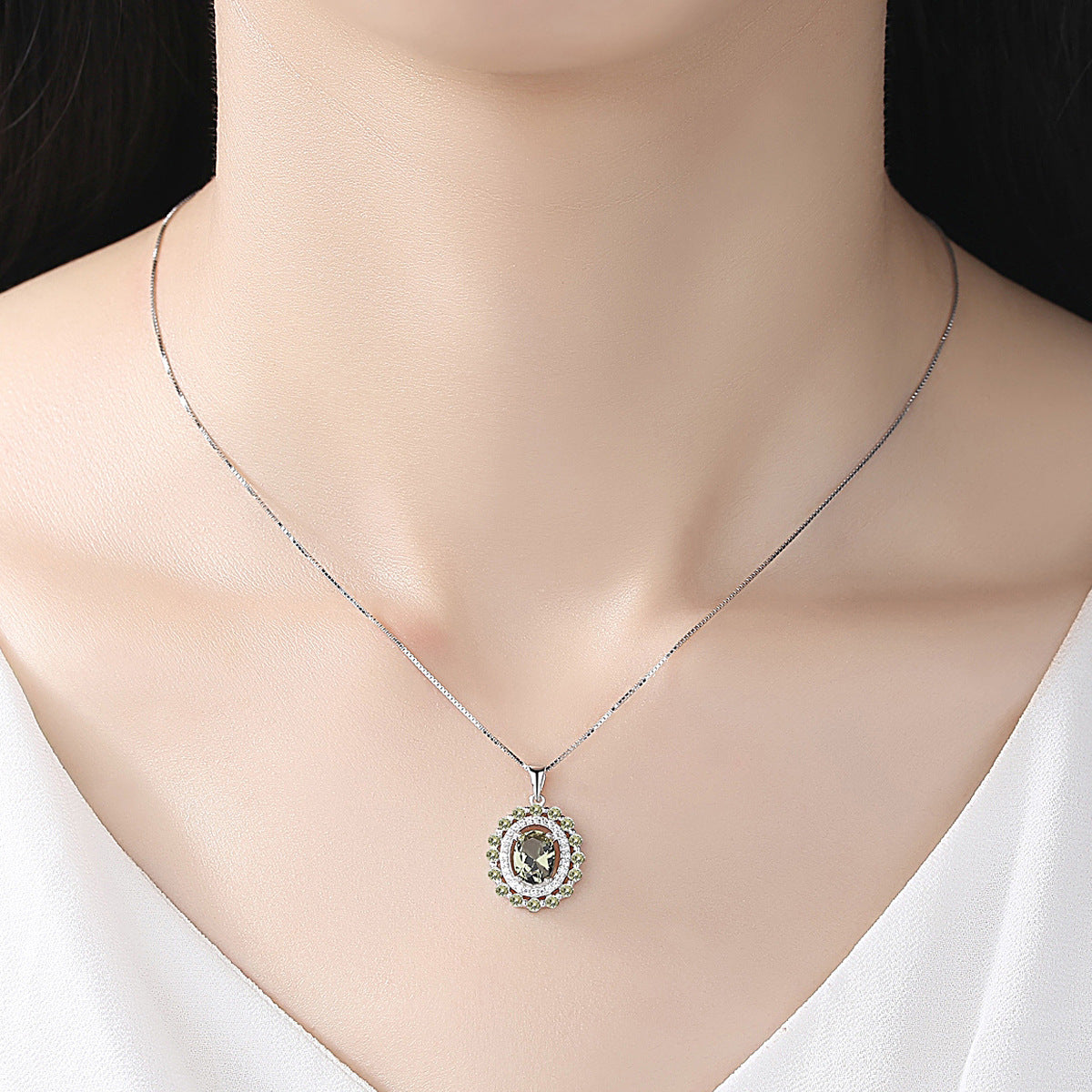 Gemstonely- S925 Silver Necklace with Olive Green Gemstone Pendant on Box Chain