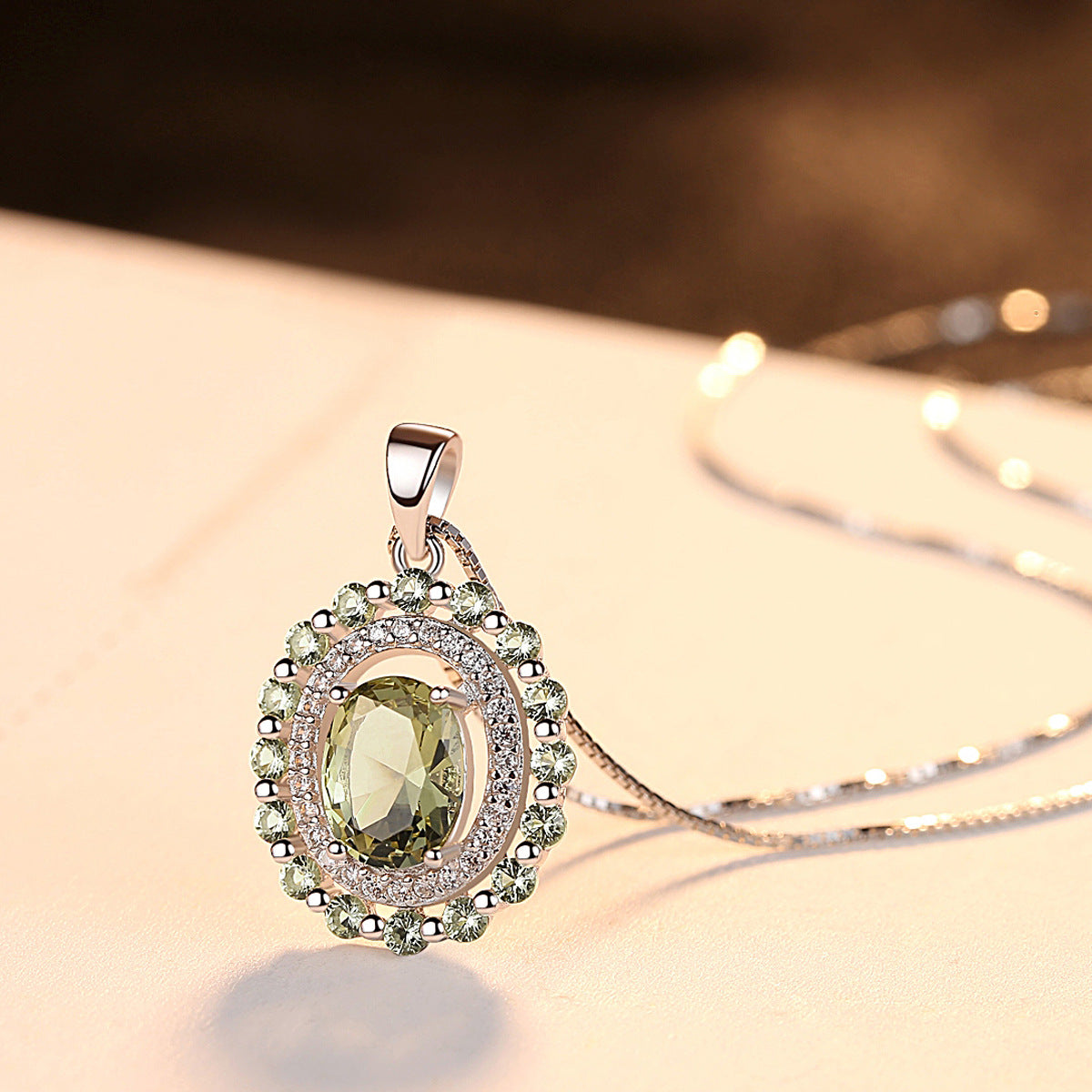 Gemstonely- S925 Silver Necklace with Olive Green Gemstone Pendant on Box Chain