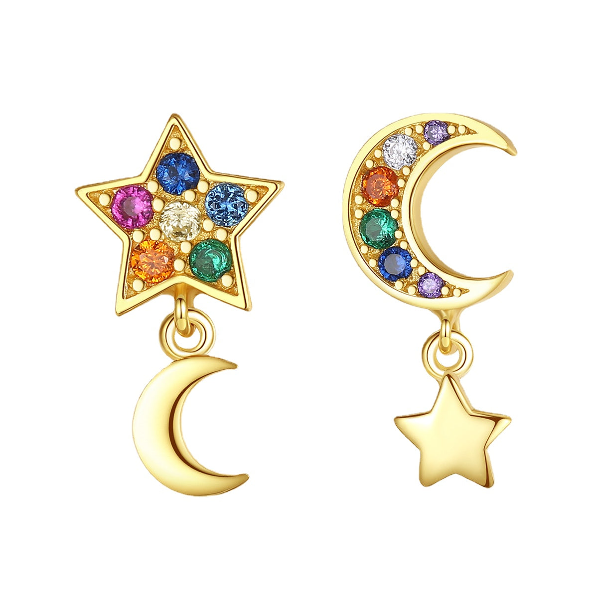 Gemstonely-Charming S925 Silver Asymmetric Star and Moon Earrings - Colorful Zirconia Ear Studs