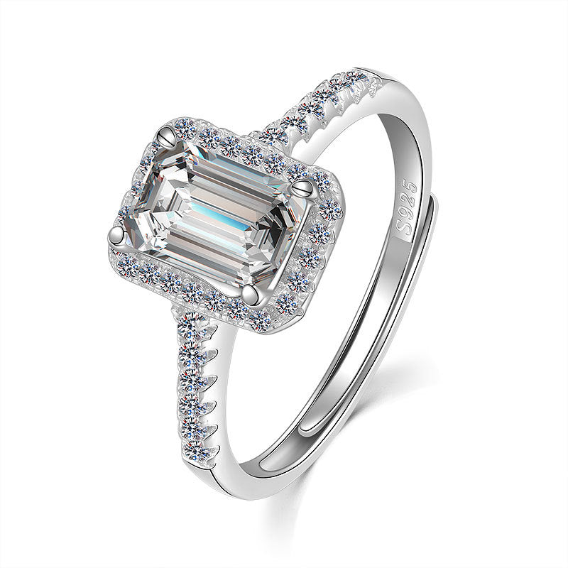 Gemstonely-925 Sterling Silver Rectangular Adjustbale Ring with Cubic Zirconia and Emerald Cut