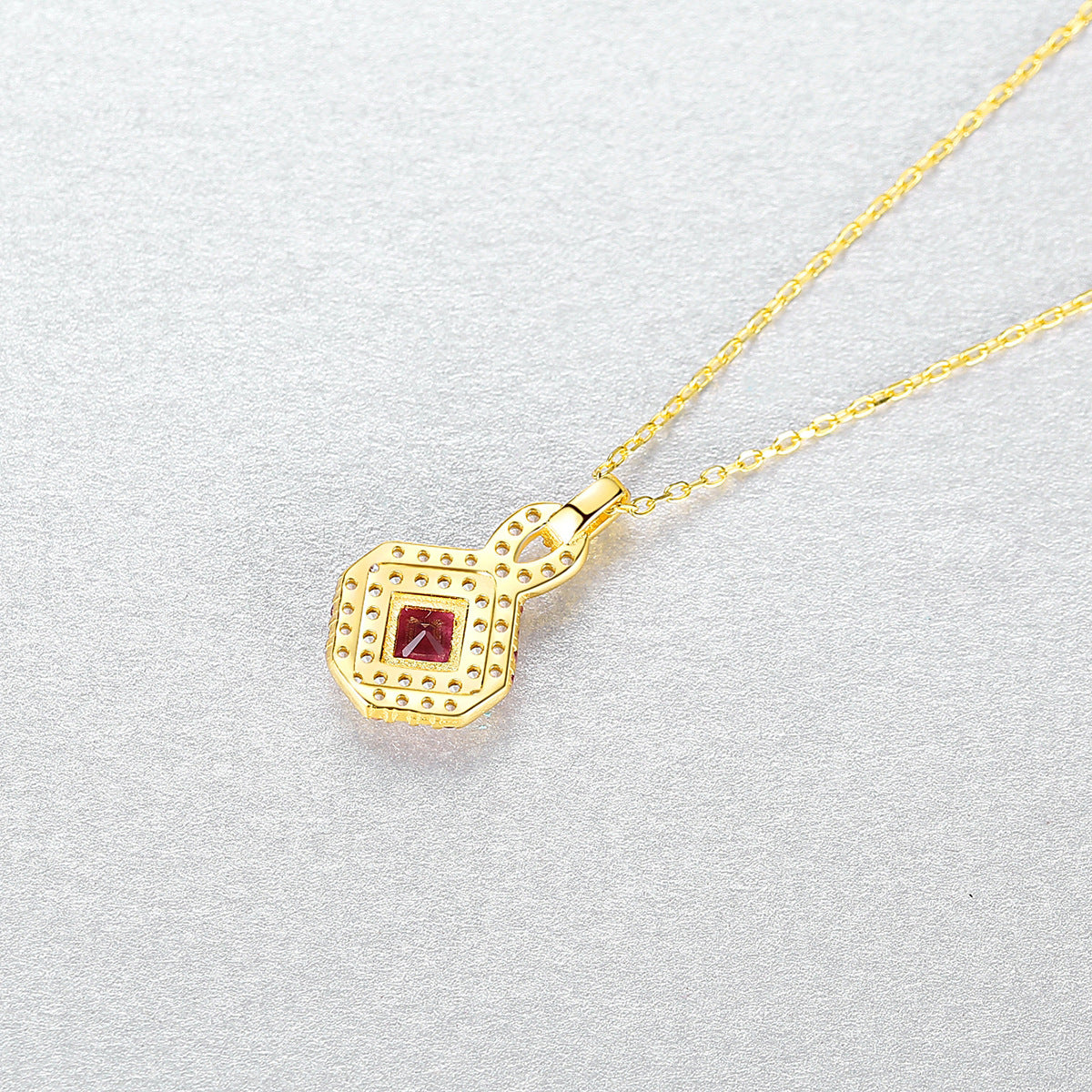 Gemstonely- Vintage and Elegant: S925 Silver Necklace with Red Gemstone Pendant for Women Simulated Ruby in Light Luxury Style