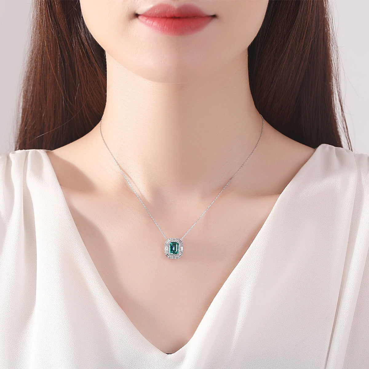 Gemstonely- Vintage Style S925 Silver Necklace with Synthetic Emerald and Square Diamond Pendant in Elegant and Sophisticated Design