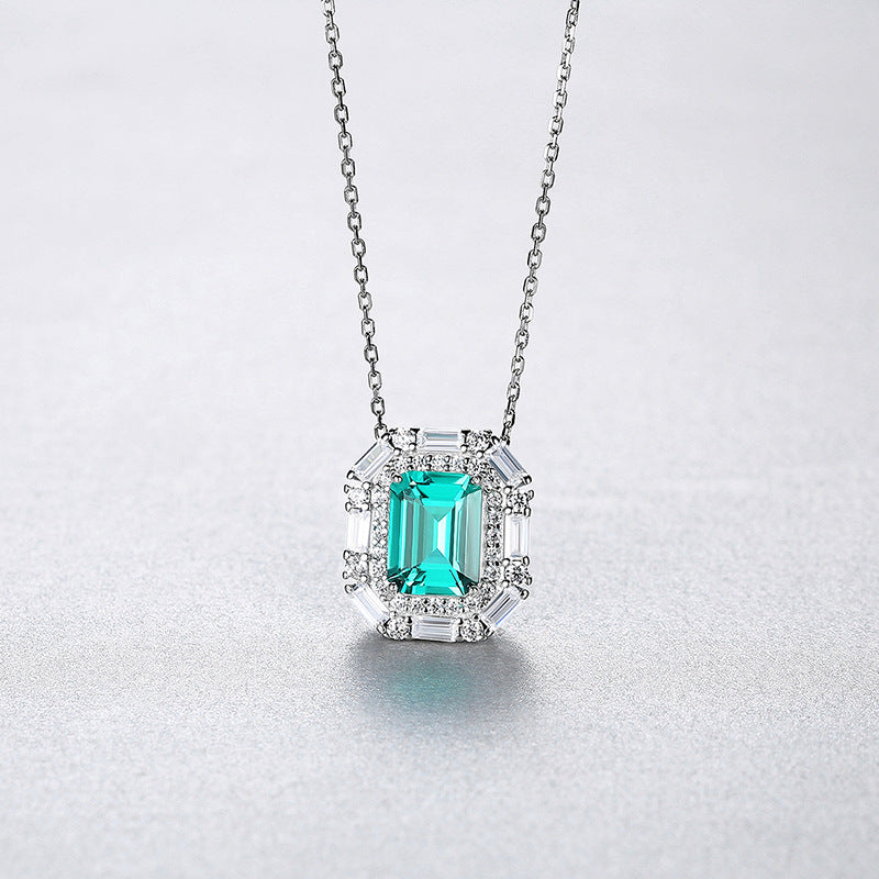 Gemstonely- Vintage Style S925 Silver Necklace with Synthetic Emerald and Square Diamond Pendant  in Elegant and Sophisticated Design