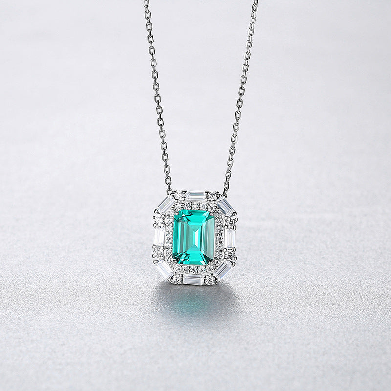 Gemstonely- Vintage Style S925 Silver Necklace with Synthetic Emerald and Square Diamond Pendant in Elegant and Sophisticated Design