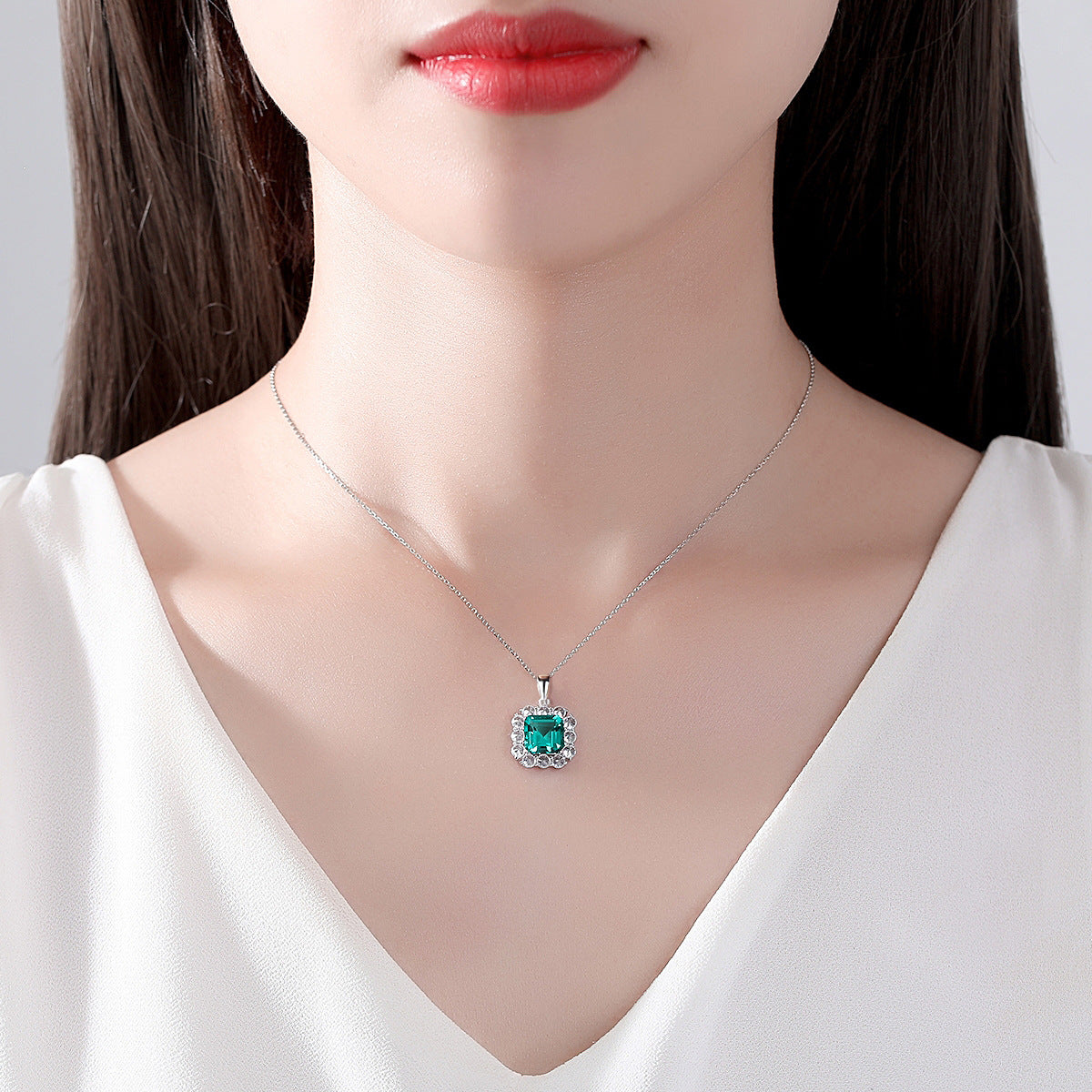 Gemstonely- Vintage Style S925 Silver Necklace with Synthetic Emerald and Square Diamond Pendant for Women in Elegant and Sophisticated Design