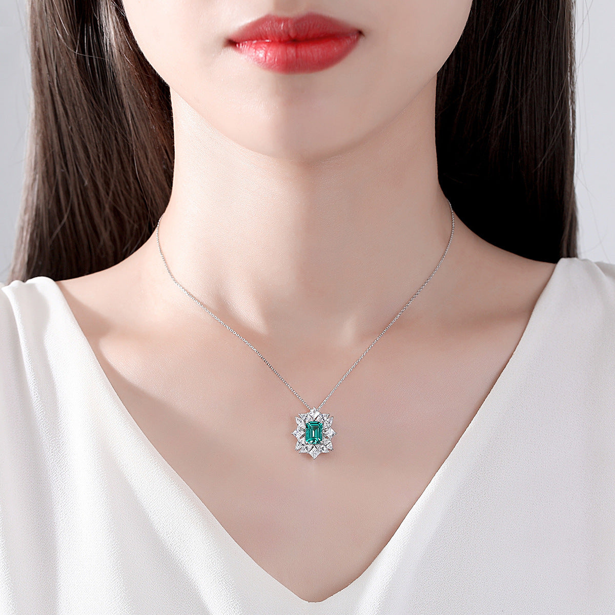 Gemstonely- Four-Leaf Clover Pendant Necklace with Square Green Gemstone and Geometric Flower Design in Light Luxury Style