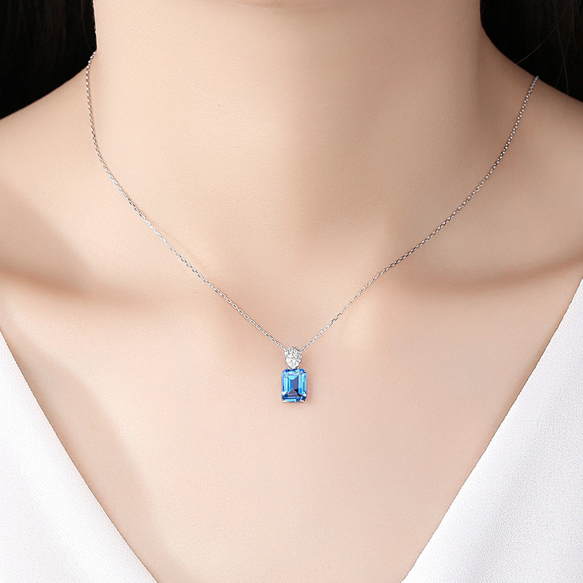 Gemstonely- Ins Style Creativity: S925 Silver Lock Necklace with Square Synthetic Cubic Zirconia Pendant and Blue Gemstone for Women