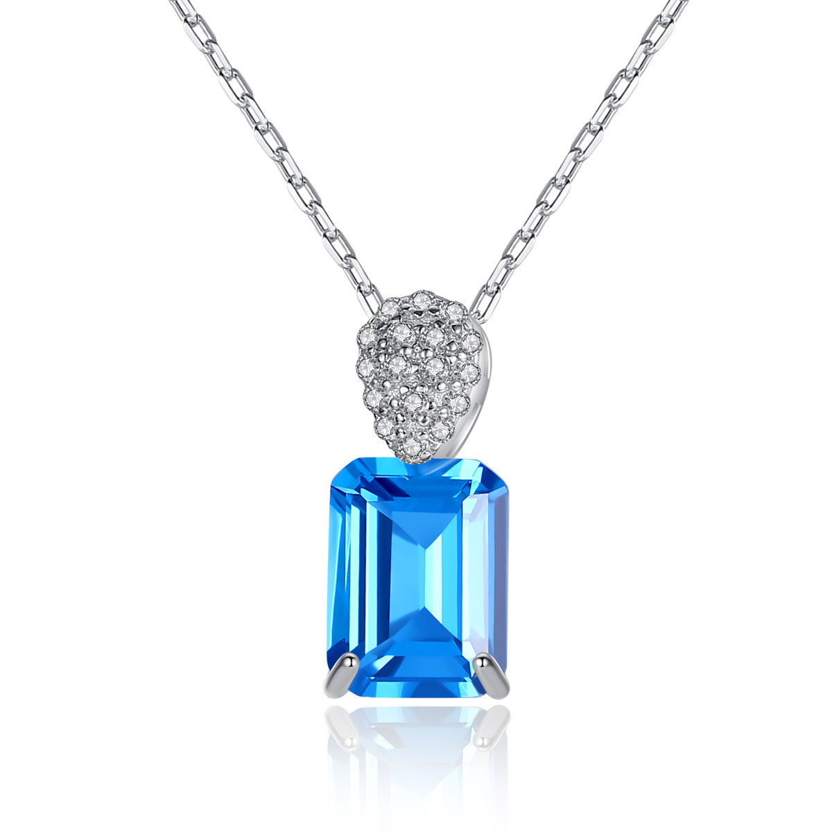 Gemstonely- Ins Style Creativity: S925 Silver Lock Necklace with Square Synthetic Cubic Zirconia Pendant and Blue Gemstone for Women