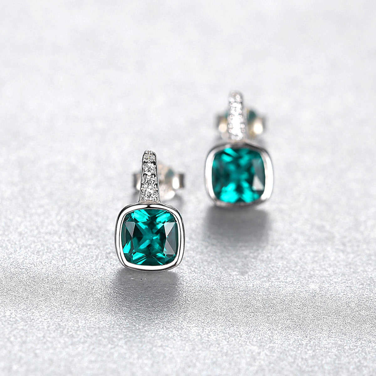 Gemstonely- S925 Silver Stud Earrings with Simple Square Imitation Emerald