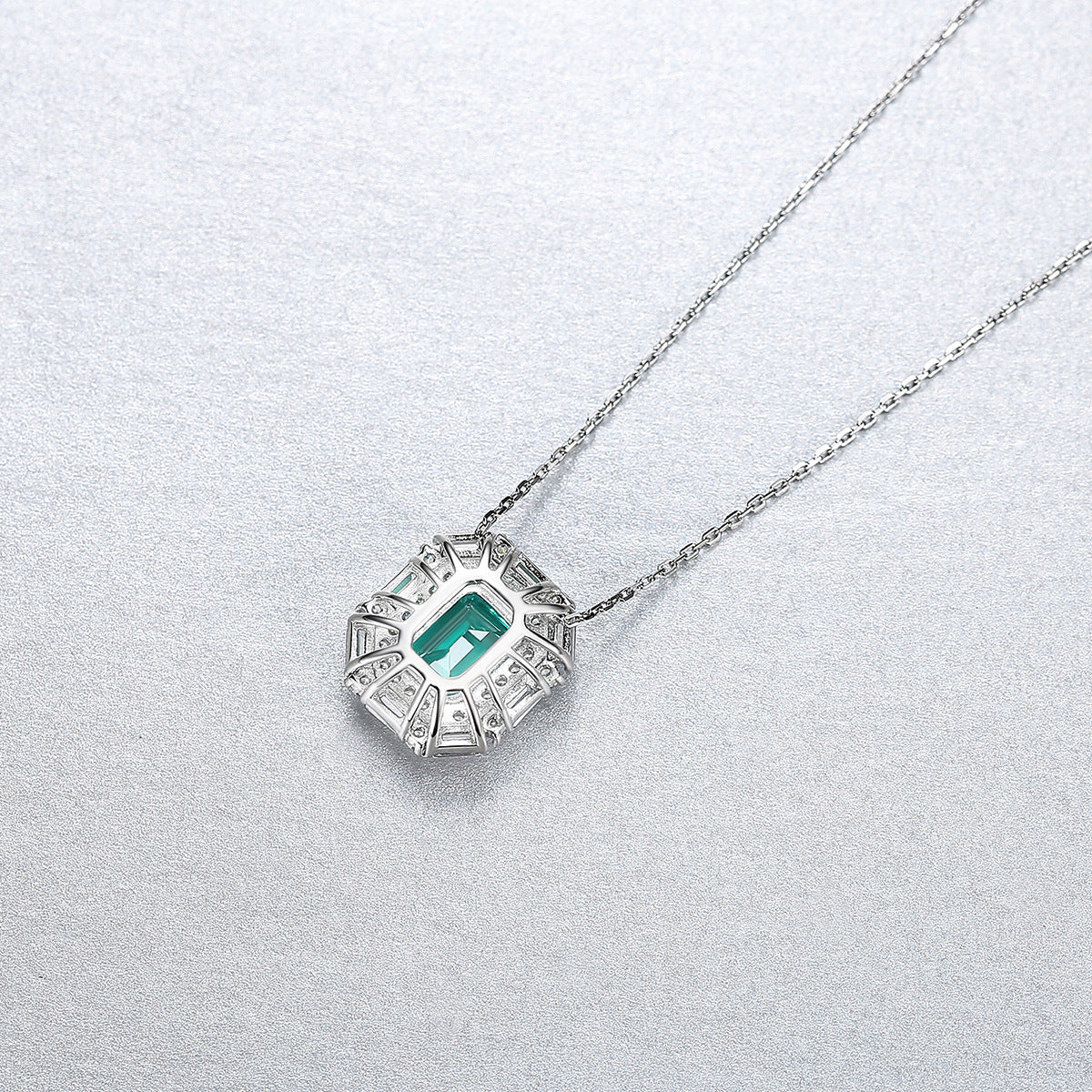 Gemstonely- Vintage Style S925 Silver Necklace with Synthetic Emerald and Square Diamond Pendant in Elegant and Sophisticated Design