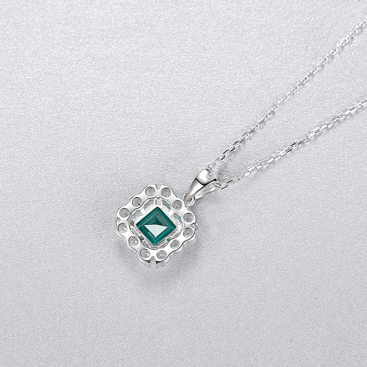 Gemstonely- Vintage Style S925 Silver Necklace with Synthetic Emerald and Square Diamond Pendant for Women in Elegant and Sophisticated Design