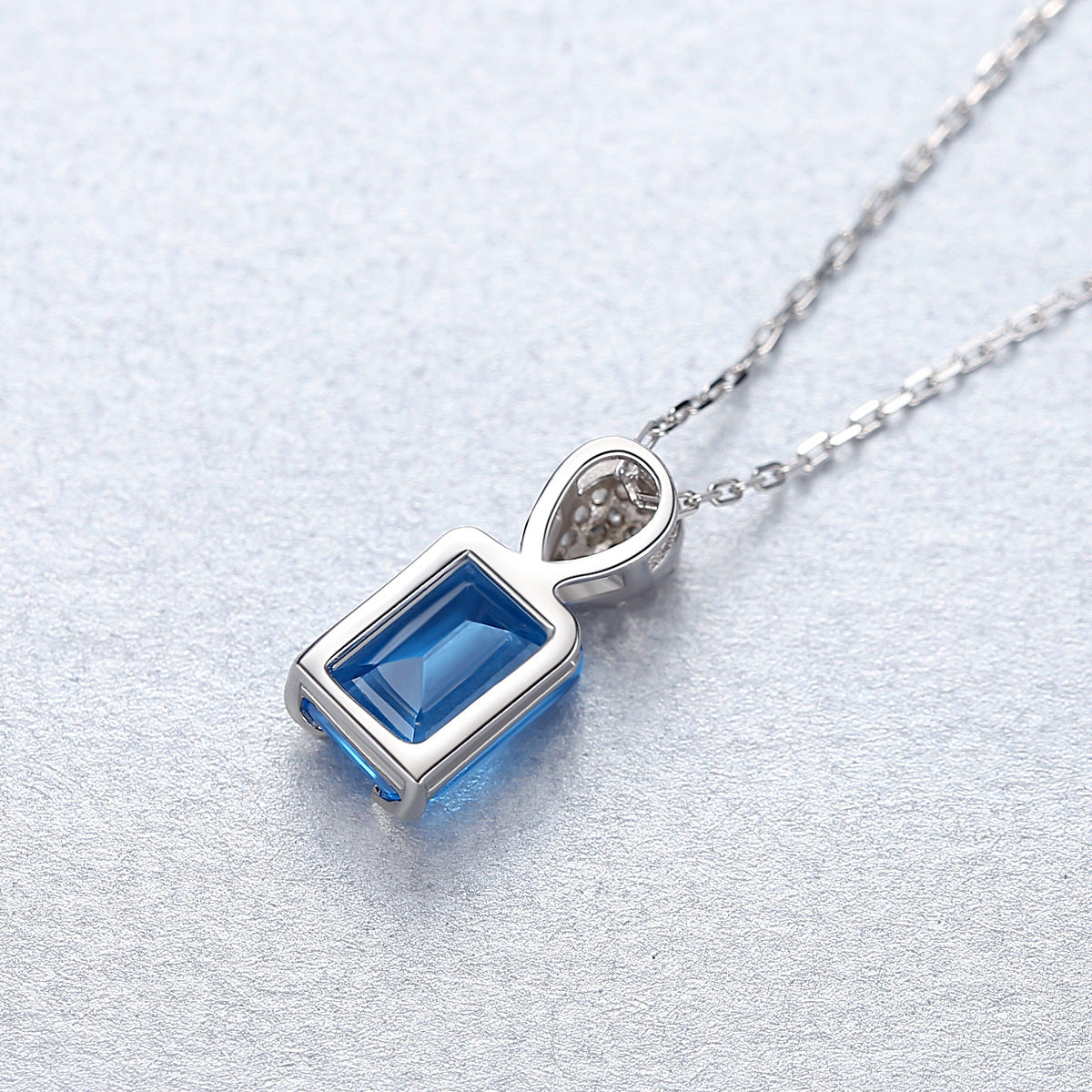 Gemstonely- Ins Style Creativity: S925 Silver Lock Necklace with Square Synthetic Cubic Zirconia Pendant and Blue Gemstone for Women