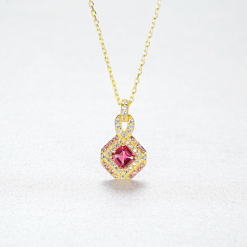 Gemstonely- Vintage and Elegant: S925 Silver Necklace with Red Gemstone Pendant for Women Simulated Ruby in Light Luxury Style