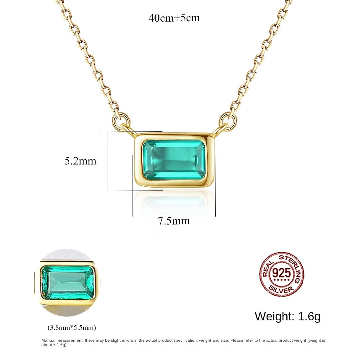 Gemstonely-S925 Silver Necklace with Imitation Emerald Square Candy Pendant