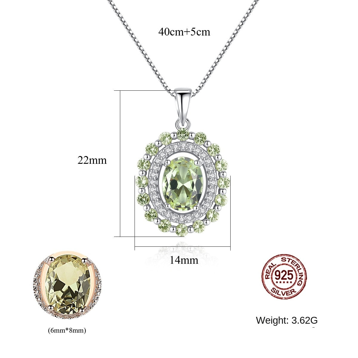 Gemstonely- S925 Silver Necklace with Olive Green Gemstone Pendant on Box Chain