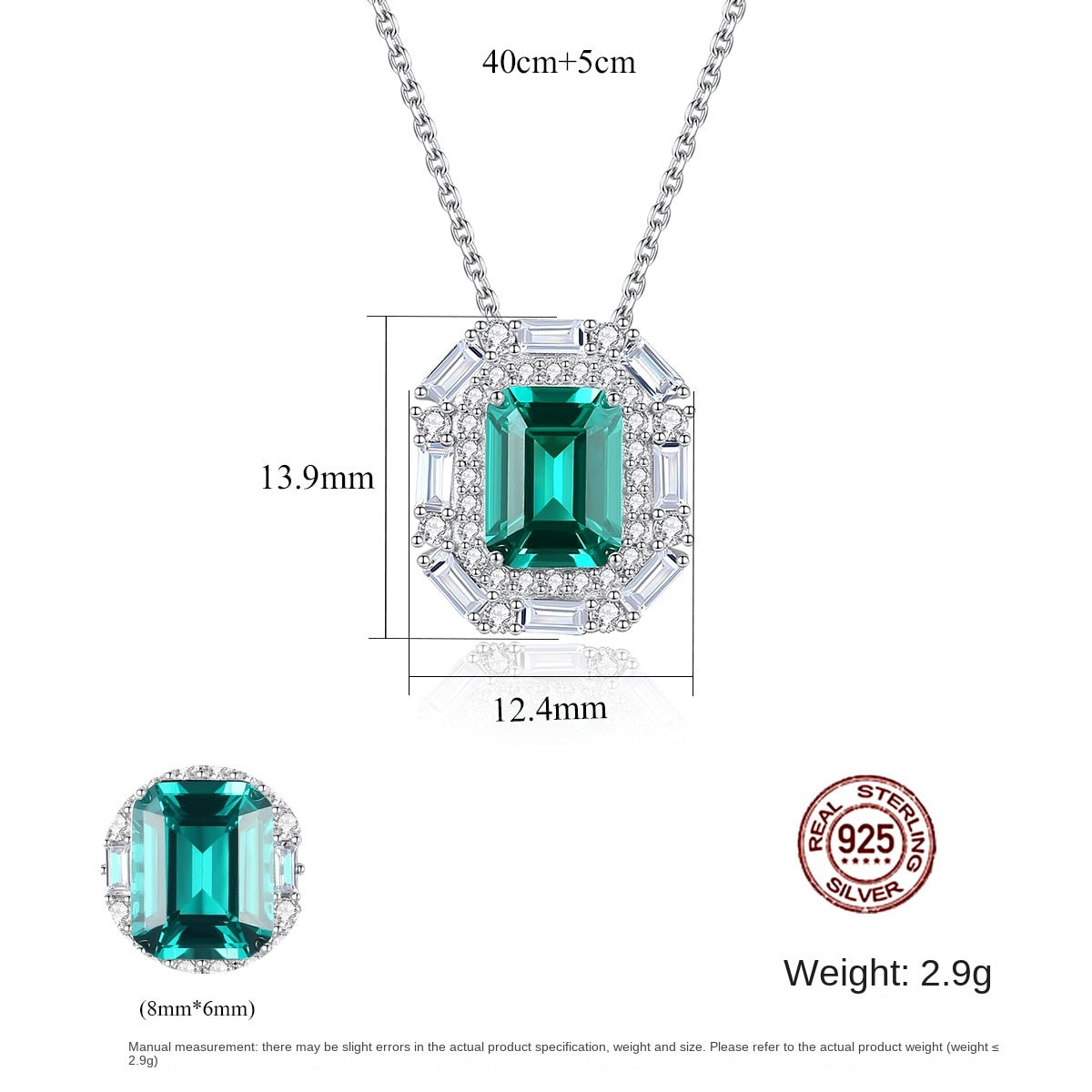 Gemstonely- Vintage Style S925 Silver Necklace with Synthetic Emerald and Square Diamond Pendant  in Elegant and Sophisticated Design