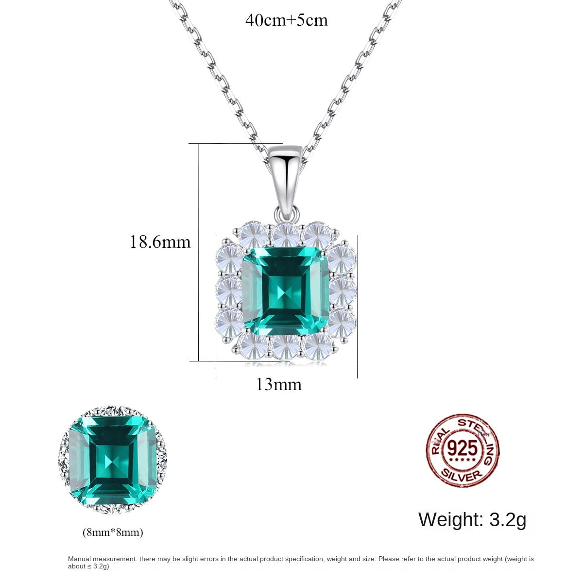 Gemstonely- Vintage Style S925 Silver Necklace with Synthetic Emerald and Square Diamond Pendant for Women in Elegant and Sophisticated Design