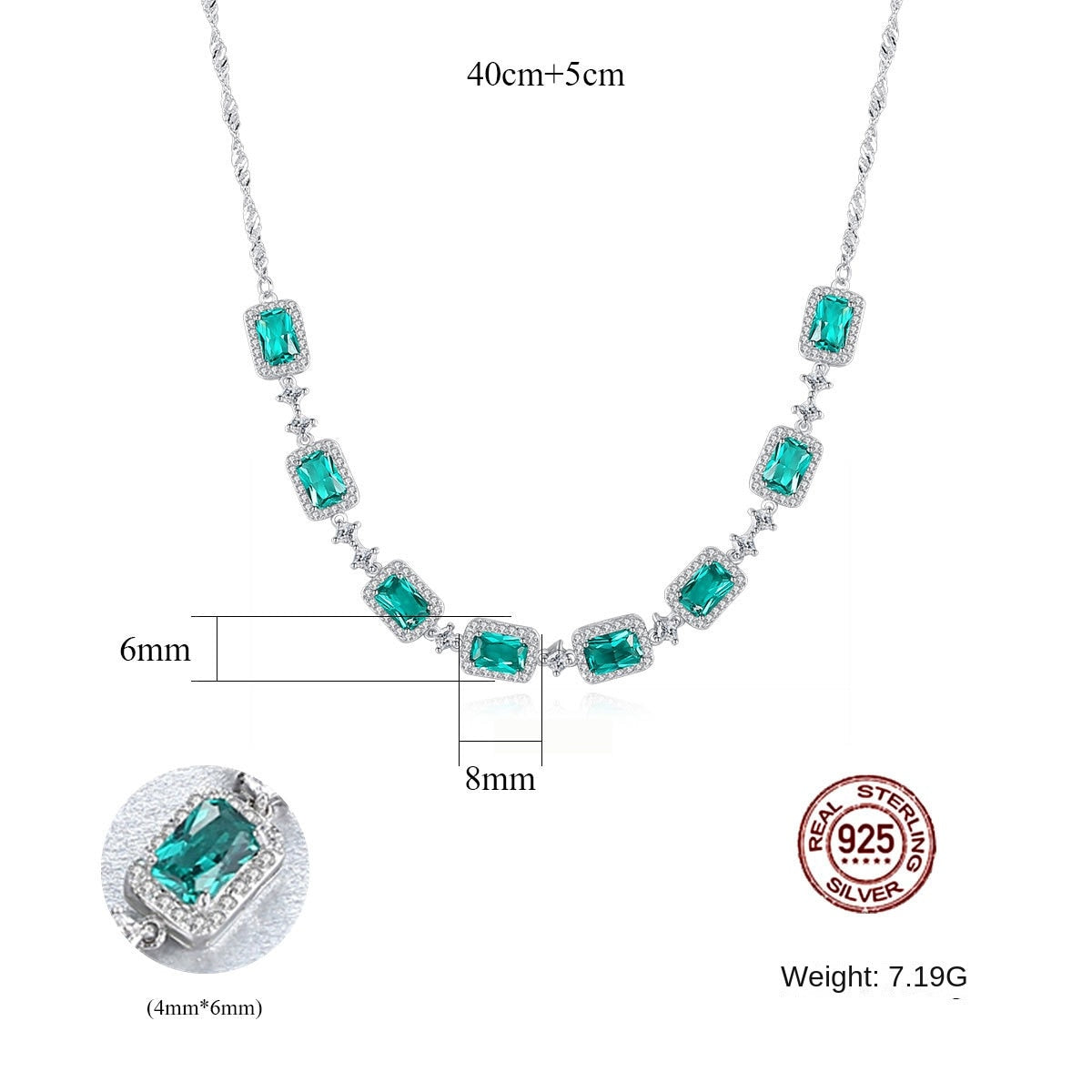 Gemstonely- S925 Silver Necklace Set with Wave Chain and  Imitation Emerald