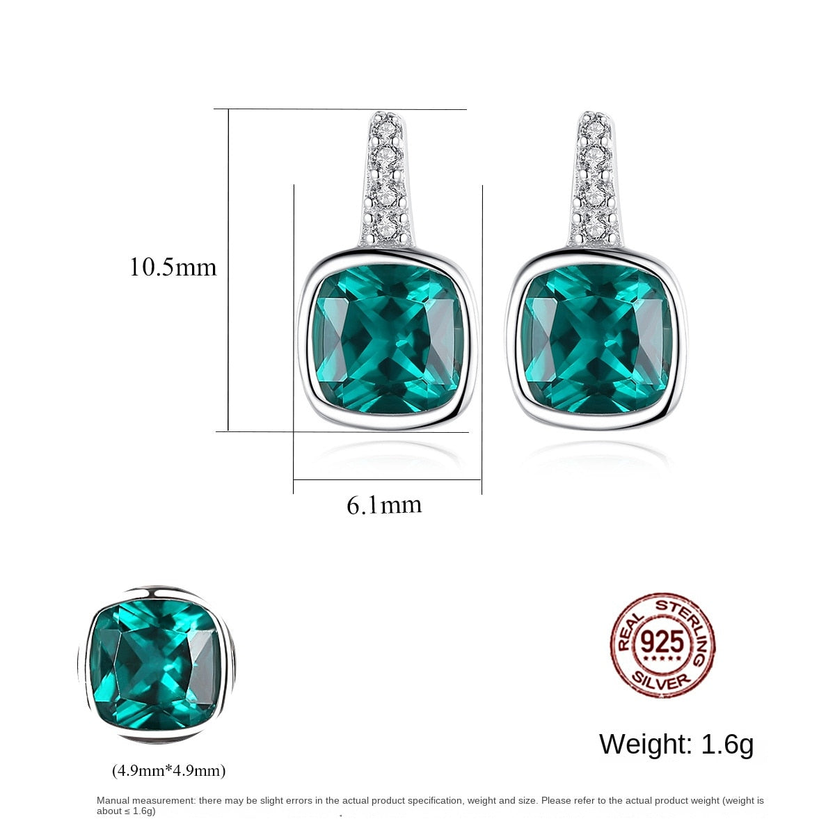 Gemstonely- S925 Silver Stud Earrings with Simple Square Imitation Emerald