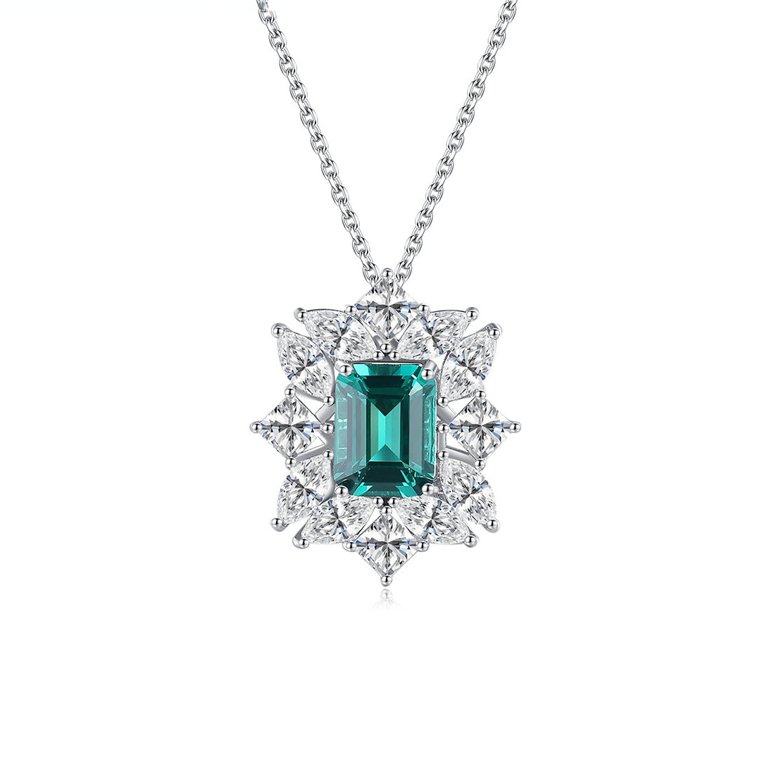 Gemstonely- Four-Leaf Clover Pendant Necklace with Square Green Gemstone and Geometric Flower Design in Light Luxury Style