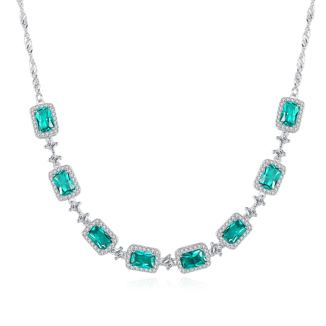 Gemstonely- S925 Silver Necklace Set with Wave Chain and  Imitation Emerald