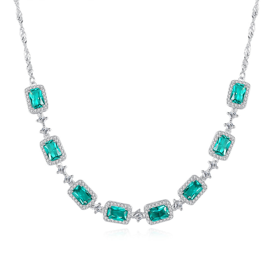 Gemstonely- S925 Silver Necklace Set with Wave Chain and Imitation Emerald
