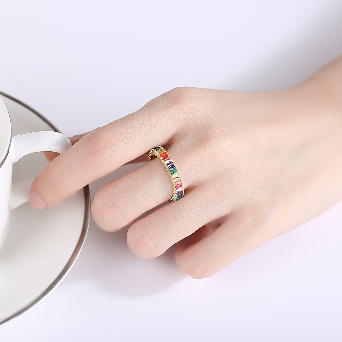 Gemstonely-Chic 925 Silver Rainbow Zirconia Women's Ring - Distinctive Vintage Style for a Standout Accessory