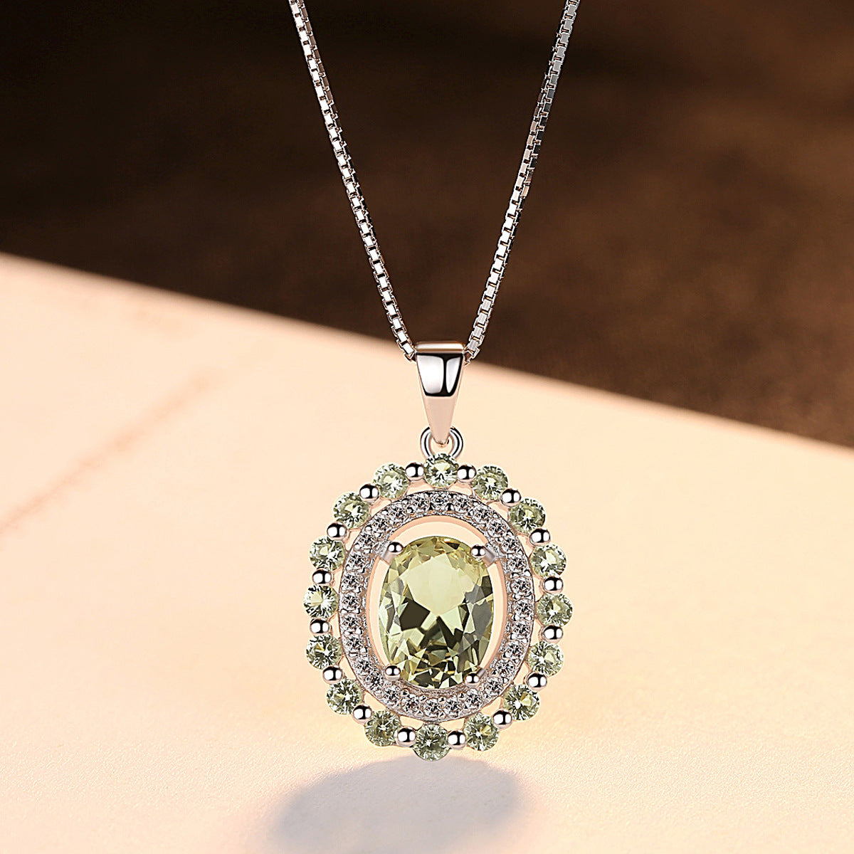 Gemstonely- S925 Silver Necklace with Olive Green Gemstone Pendant on Box Chain