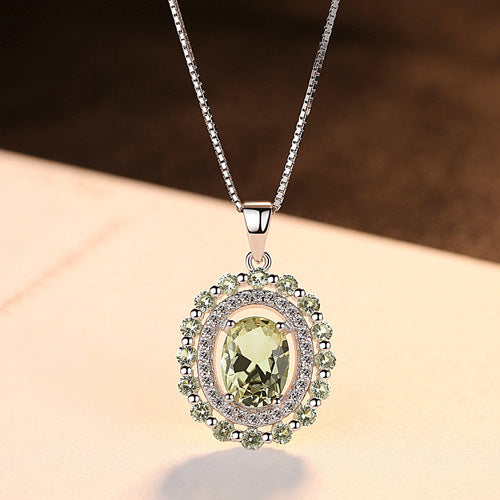 Gemstonely- S925 Silver Necklace with Olive Green Gemstone Pendant on Box Chain