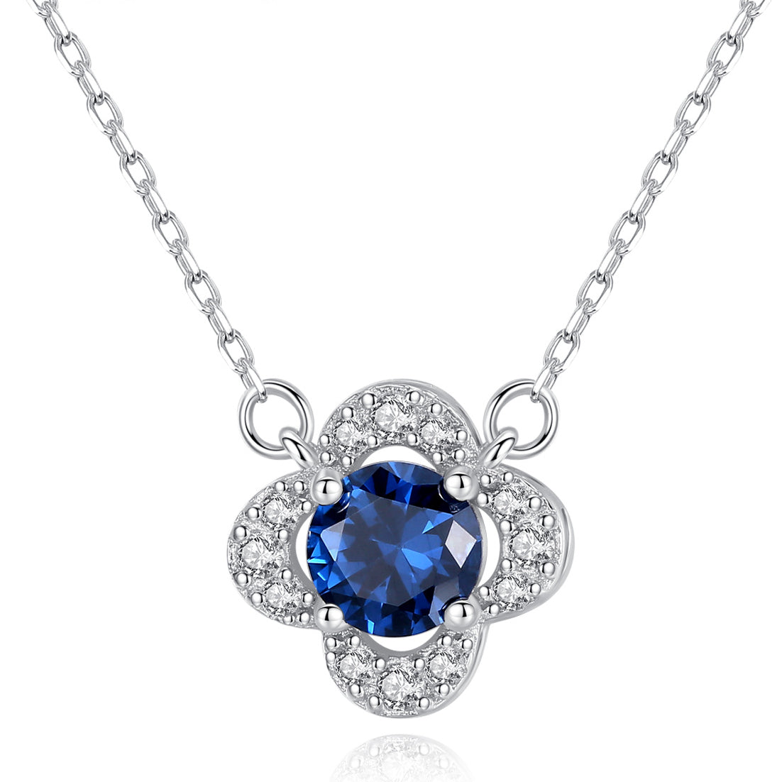 Gemstonely- S925 Silver Necklace with Created Sapphire Gemstone Pendant in Lucky Four-Leaf Clover Design for Women